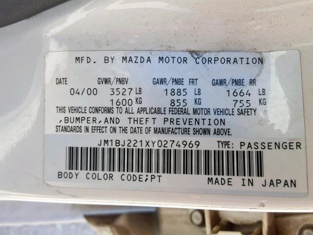 JM1BJ221XY0274969 - 2000 MAZDA PROTEGE ES 白色 照片 10