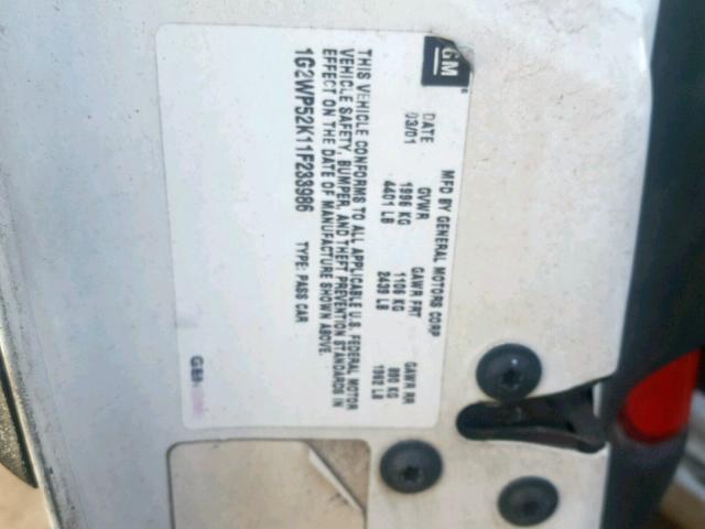 1G2WP52K11F233986 - 2001 PONTIAC GRAND PRIX WHITE photo 10