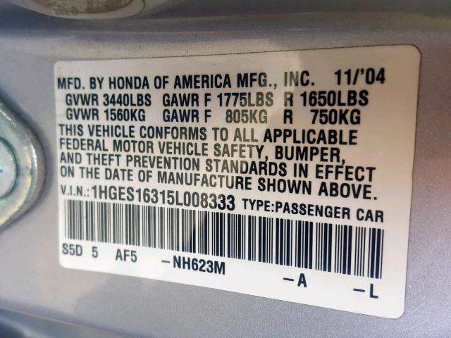 1HGES16315L008333 - 2005 HONDA CIVIC DX V GRAY photo 10