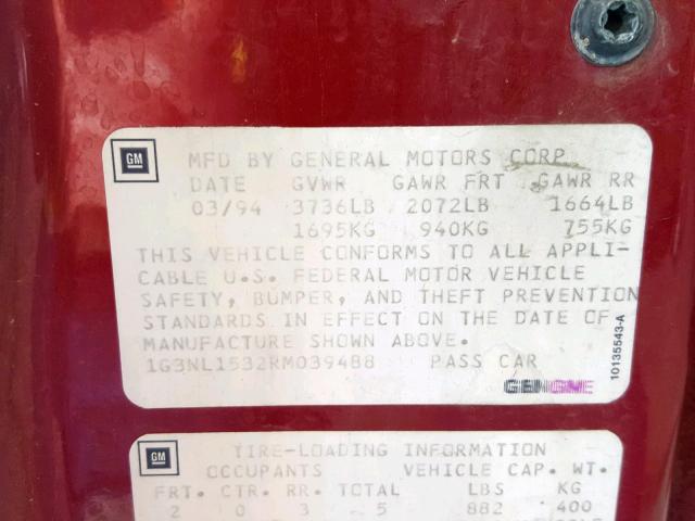 1G3NL1532RM039488 - 1994 OLDSMOBILE ACHIEVA S RED photo 10