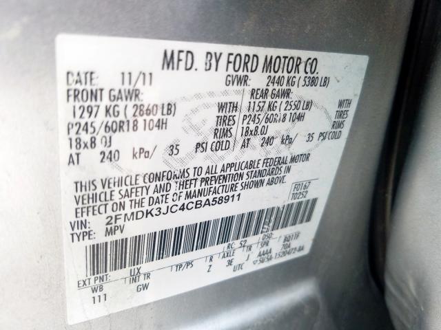 2FMDK3JC4CBA58911 - 2012 FORD EDGE SEL  photo 10