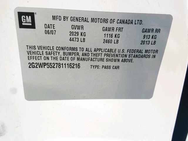 2G2WP552781116216 - 2008 PONTIAC GRAND PRIX WHITE photo 10