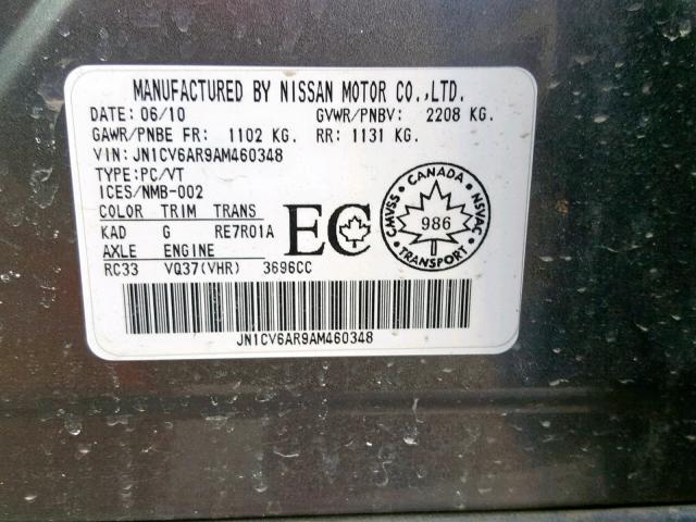 JN1CV6AR9AM460348 - 2010 INFINITI G37 GRAY photo 10