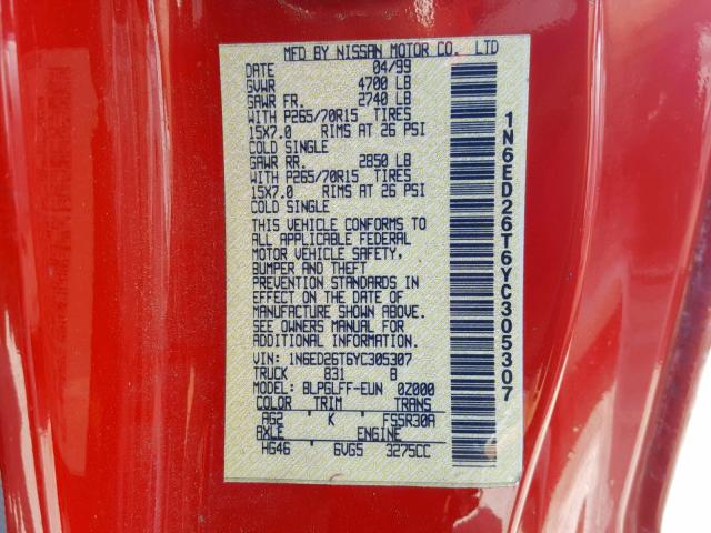1N6ED26T6YC305307 - 2000 NISSAN FRONTIER K RED photo 10