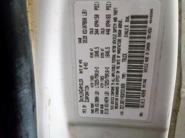 2D7JB21Y83K531020 - 2003 DODGE RAM VAN B2 WHITE photo 10