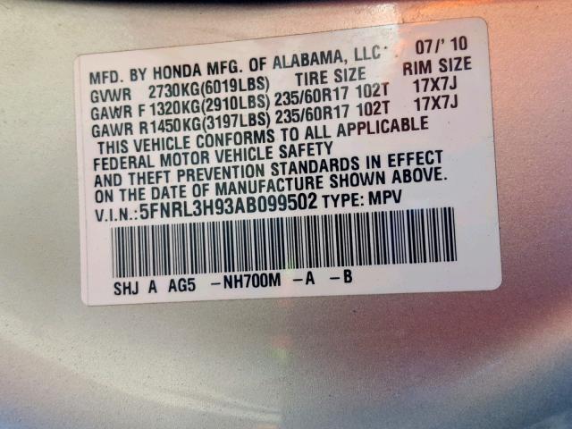 5FNRL3H93AB099502 - 2010 HONDA ODYSSEY TO SILVER photo 10