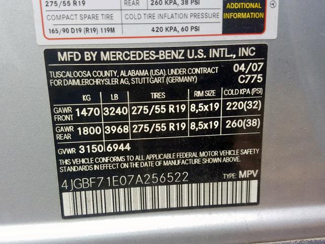 4JGBF71E07A256522 - 2007 MERCEDES-BENZ GL 450 4MA SILVER photo 10