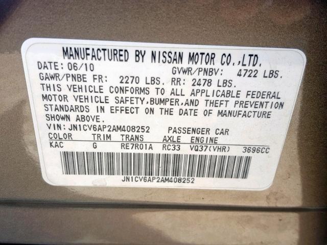 JN1CV6AP2AM408252 - 2010 INFINITI G37 BASE GOLD photo 10