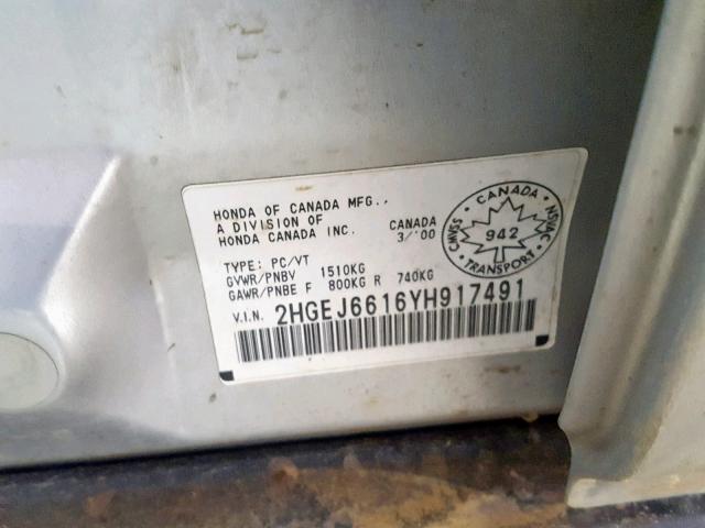 2HGEJ6616YH917491 - 2000 HONDA CIVIC BASE SILVER photo 10