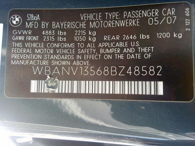 WBANV13568BZ48582 - 2008 BMW 528 XI BLUE photo 10