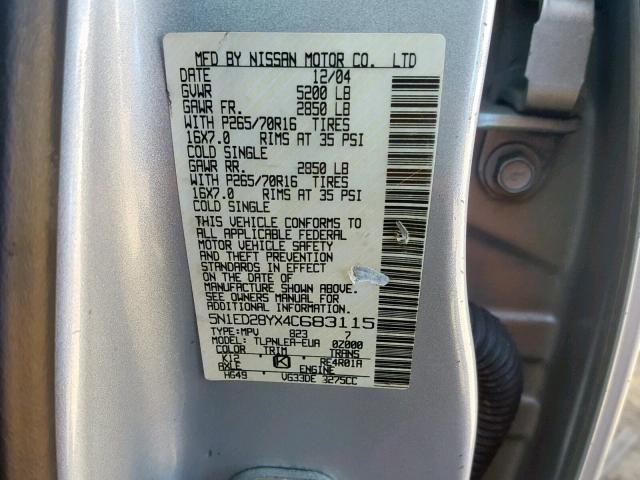 5N1ED28YX4C683115 - 2004 NISSAN XTERRA XE SILVER photo 10