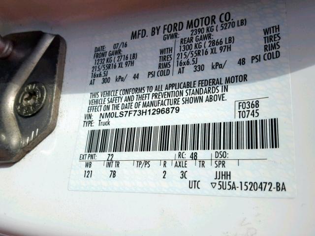 NM0LS7F73H1296879 - 2017 FORD TRANSIT CO WHITE photo 10