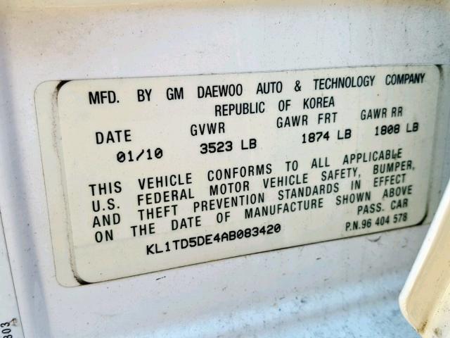 KL1TD5DE4AB083420 - 2010 CHEVROLET AVEO LS WHITE photo 10