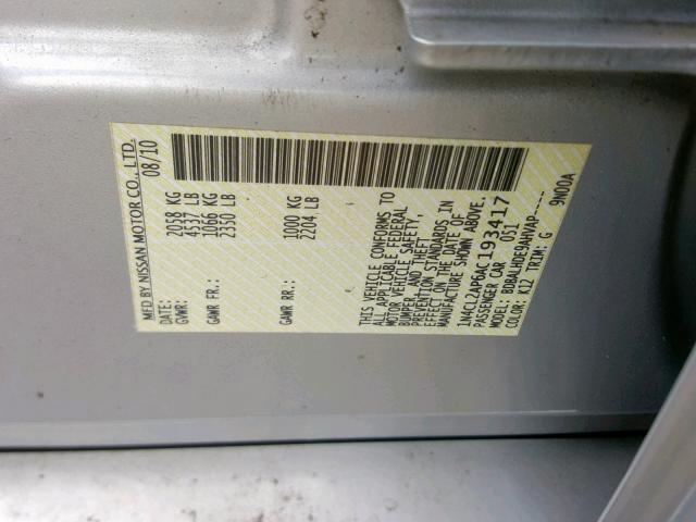 1N4CL2AP6AC193417 - 2010 NISSAN ALTIMA HYB SILVER photo 10