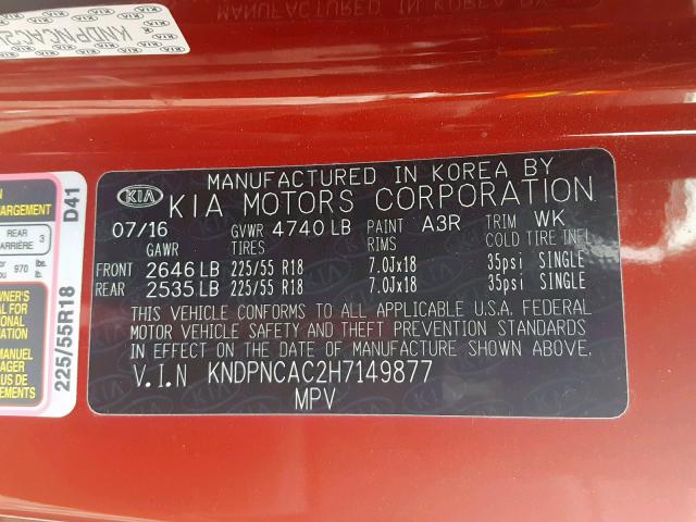 KNDPNCAC2H7149877 - 2017 KIA SPORTAGE E RED photo 10