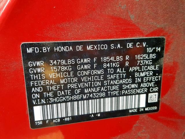 3HGGK5H86FM743298 - 2015 HONDA FIT EX RED photo 10