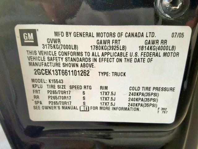 2GCEK13T661101262 - 2006 CHEVROLET SILVERADO BLACK photo 10