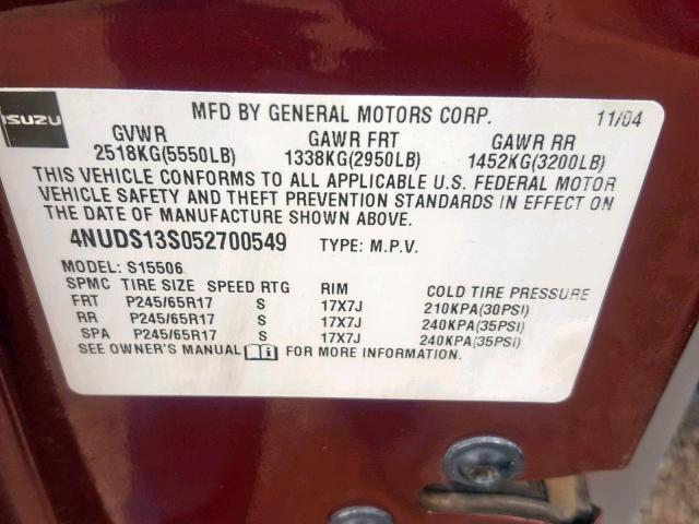 4NUDS13S052700549 - 2005 ISUZU ASCENDER S 勃艮第红 照片 10