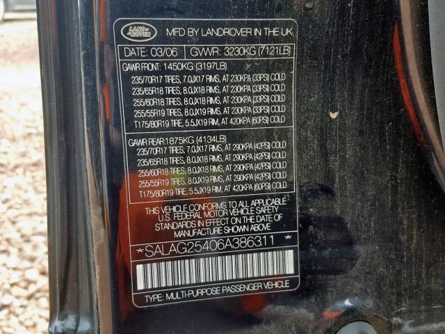 SALAG25406A386311 - 2006 LAND ROVER LR3 HSE BLACK photo 10