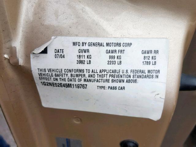 1G2NE52E45M119767 - 2005 PONTIAC GRAND AM S GOLD photo 10