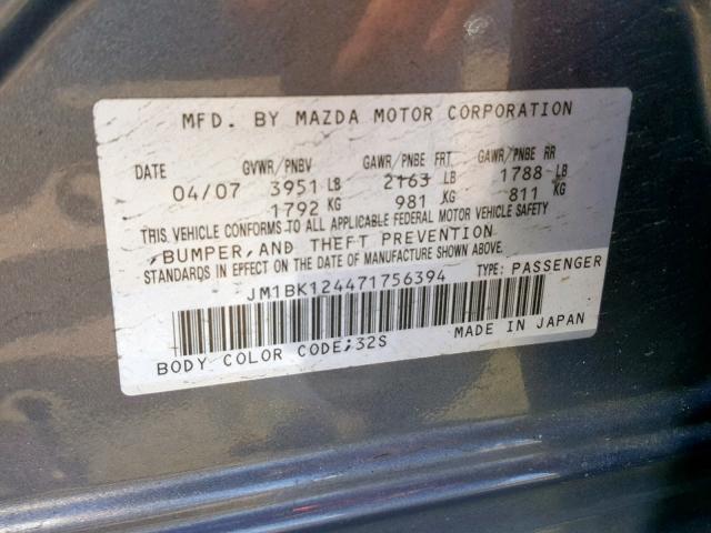 JM1BK124471756394 - 2007 MAZDA 3 S BLUE photo 10