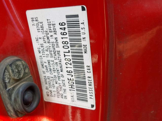 1HGEJ6128TL081646 - 1996 HONDA CIVIC DX RED photo 10