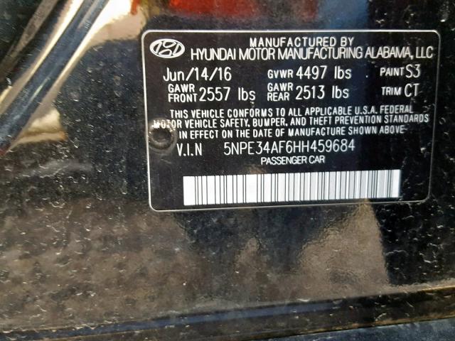 5NPE34AF6HH459684 - 2017 HYUNDAI SONATA SPO BLACK photo 10