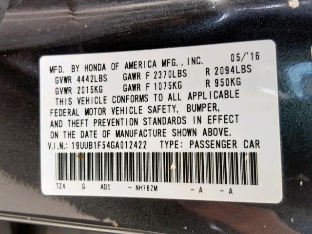 19UUB1F54GA012422 - 2016 ACURA TLX TECH GRAY photo 10