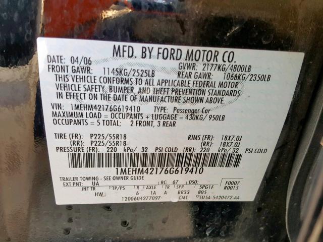 1MEHM42176G619410 - 2006 MERCURY MONTEGO PR BLACK photo 10