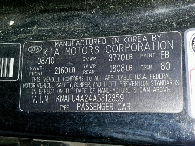 KNAFU4A24A5312359 - 2010 KIA FORTE EX BLACK photo 10