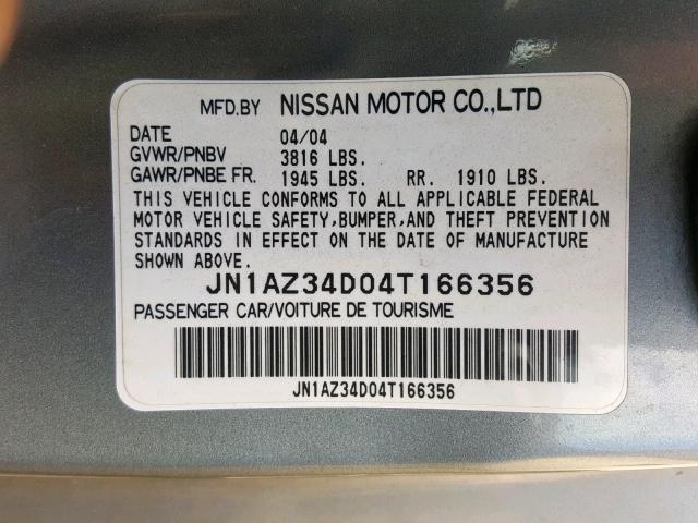 JN1AZ34D04T166356 - 2004 NISSAN 350Z COUPE GRAY photo 10