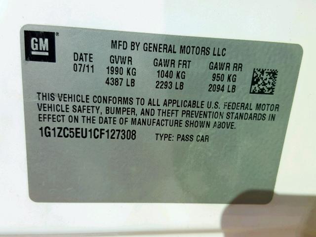 1G1ZC5EU1CF127308 - 2012 CHEVROLET MALIBU 1LT თეთრი ფოტო 10