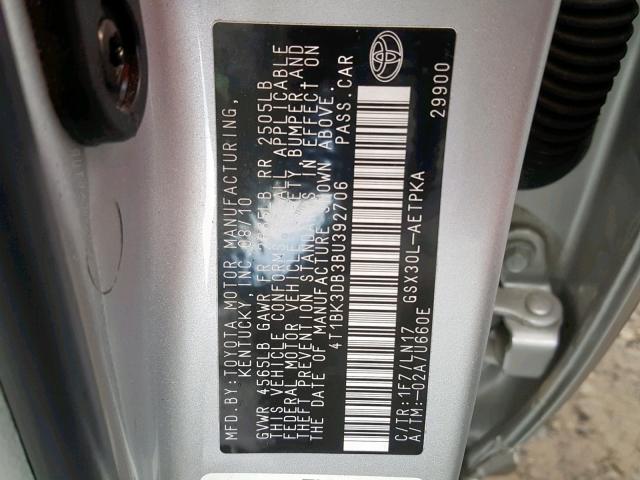 4T1BK3DB3BU392706 - 2011 TOYOTA AVALON BAS SILVER photo 10