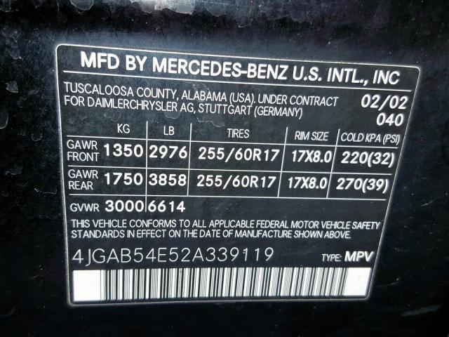 4JGAB54E52A339119 - 2002 MERCEDES-BENZ ML 320 BLACK photo 10