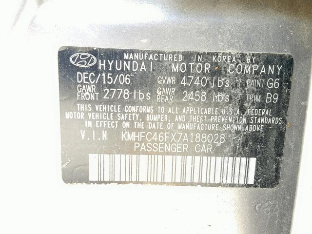 KMHFC46FX7A188028 - 2007 HYUNDAI AZERA SE GRAY photo 10