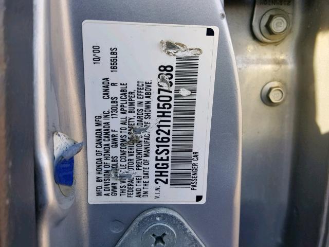 2HGES16211H507888 - 2001 HONDA CIVIC DX SILVER photo 10