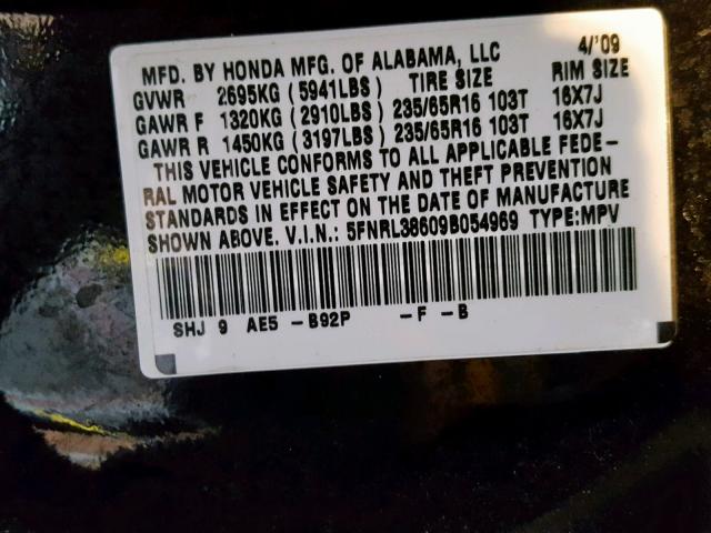 5FNRL38609B054969 - 2009 HONDA ODYSSEY EX BLACK photo 10