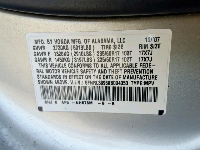 5FNRL38968B004053 - 2008 HONDA ODYSSEY TO BURN photo 10