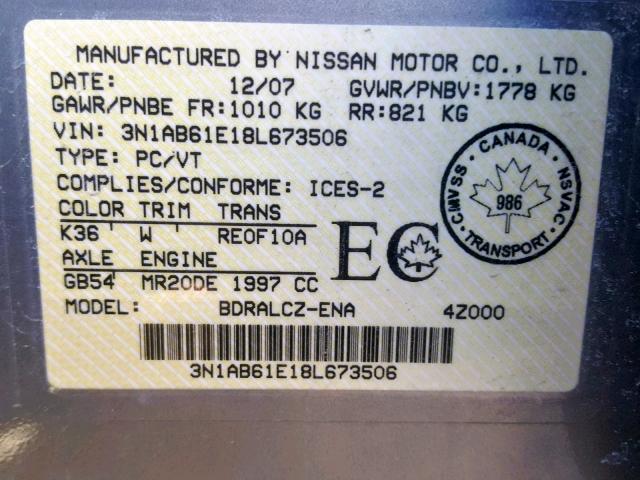 3N1AB61E18L673506 - 2008 NISSAN SENTRA 2.0 SILVER photo 10