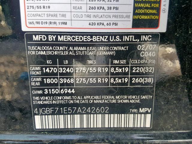 4JGBF71E57A242602 - 2007 MERCEDES-BENZ GL 450 4MA BLACK photo 10