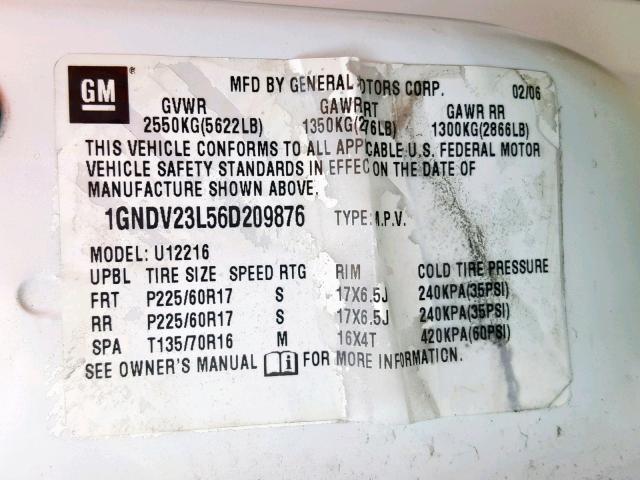 1GNDV23L56D209876 - 2006 CHEVROLET UPLANDER L 白色 照片 10
