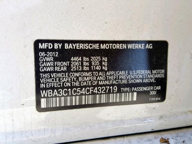 WBA3C1C54CF432719 - 2012 BMW 328 I SULE WHITE photo 10