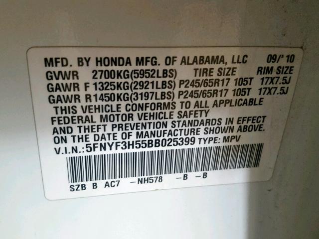 5FNYF3H55BB025399 - 2011 HONDA PILOT EXL WHITE photo 10