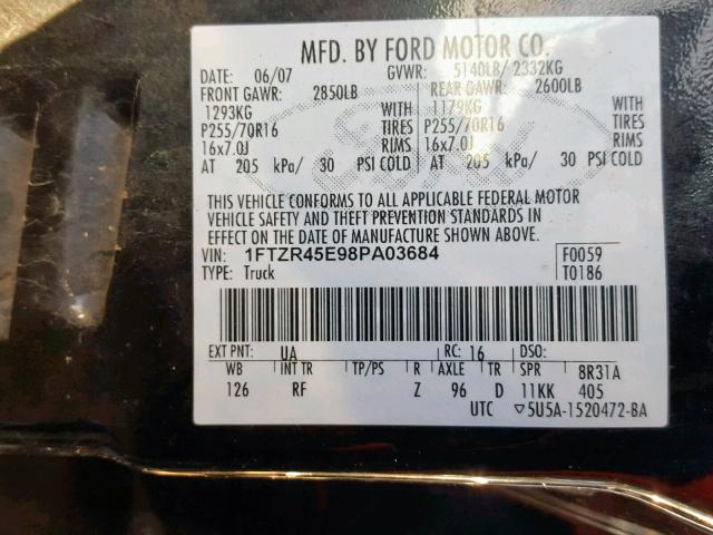 1FTZR45E98PA03684 - 2008 FORD RANGER SUP BLACK photo 10