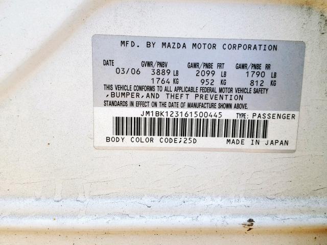 JM1BK123161500445 - 2006 MAZDA 3 S WHITE photo 10