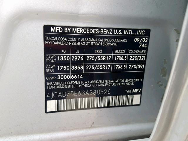 4JGAB75E63A388826 - 2003 MERCEDES-BENZ ML 500 SILVER photo 10