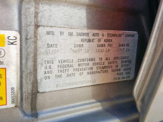 KL1TD66627B766432 - 2007 CHEVROLET AVEO BASE ნაცრისფერი ფოტო 10