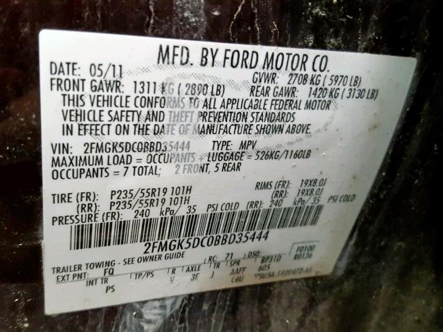 2FMGK5DC0BBD35444 - 2011 FORD FLEX LIMIT MAROON photo 10