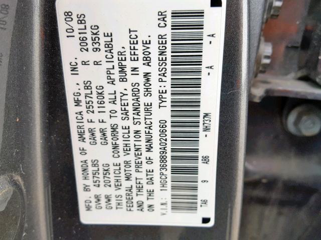 1HGCP36889A020660 - 2009 HONDA ACCORD EXL GRAY photo 10