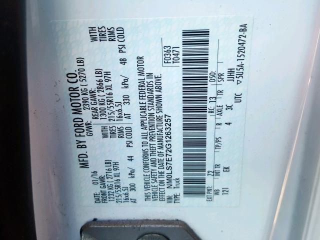 NM0LS7E72G1263257 - 2016 FORD TRANSIT CO WHITE photo 10